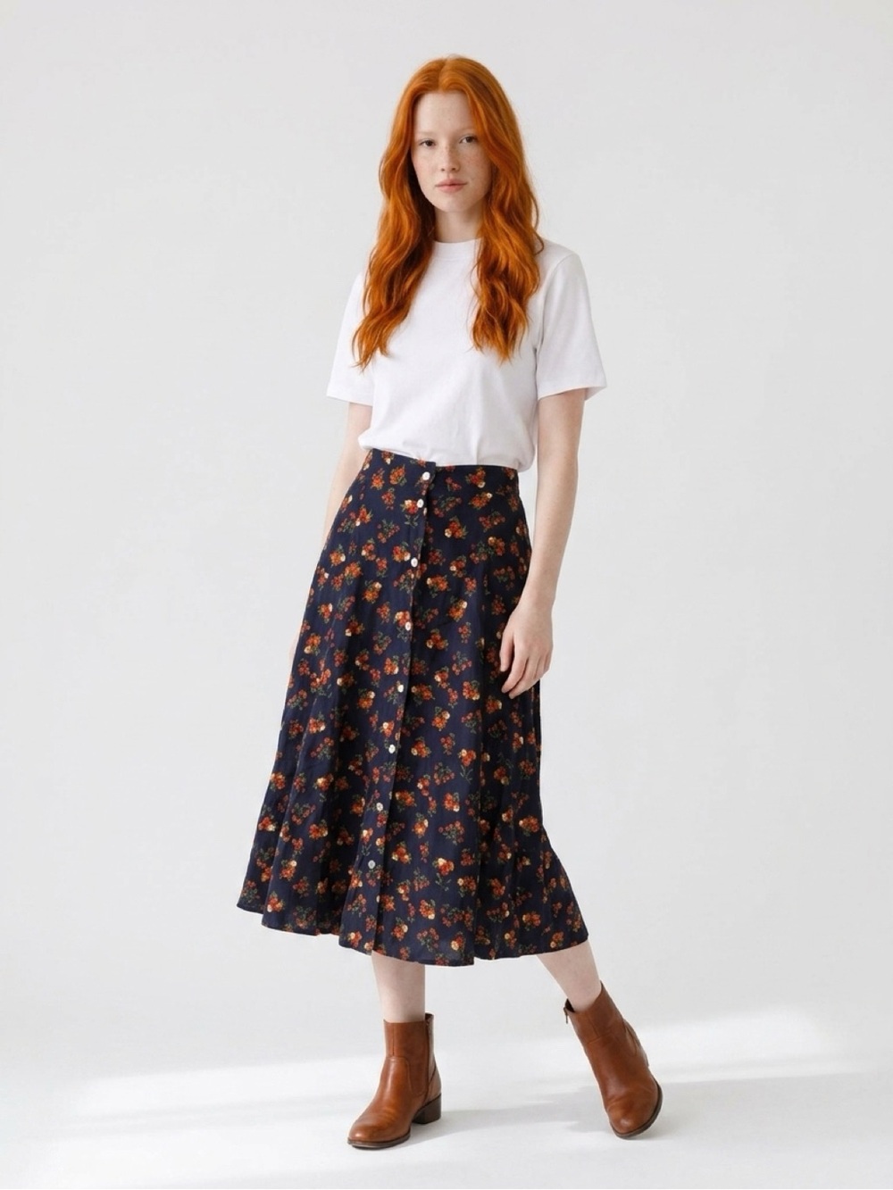 Kathie Lee Collection Navy Floral Midi Skirt